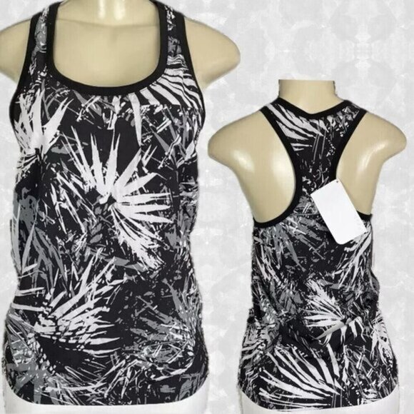 Fabletics S Black Abstract Leaf Print Scoop Neckline Racerback Pocket Tank Top - Picture 1 of 6
